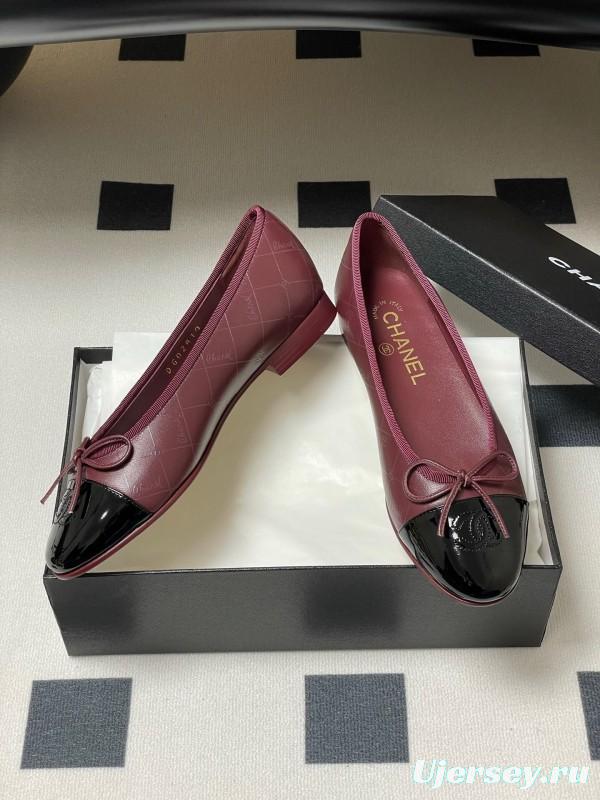 2025 Women Chanel Purple Black Leather Ballet Flats KFY00320