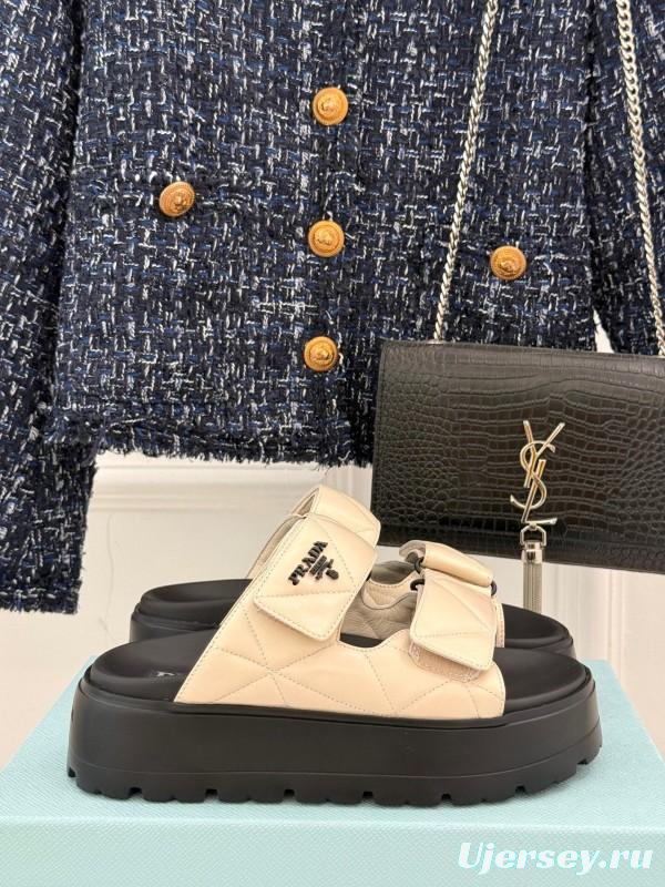 2025 Slippers Prada Beige Leather Magic Tape Platform Thick Sole