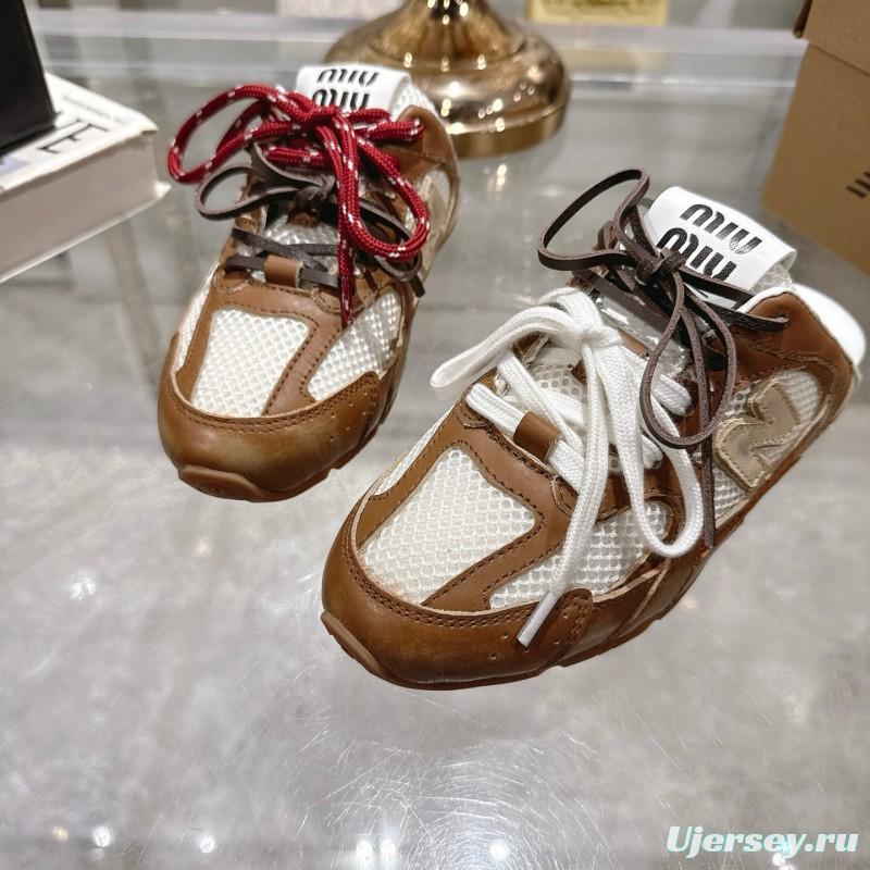 2025 Women Miumiu Brown White Leather Mesh Sneakers