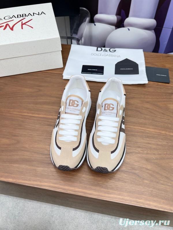 2025 Unisex Dolce & Gabbana White Beige Suede Mesh Sneakers LY00300