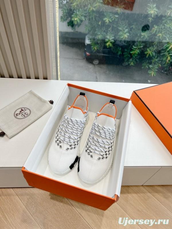 2024 Unisex Hermès White Grey Orange Calfskin Suede Knit Sneakers MJ00290(F/M)