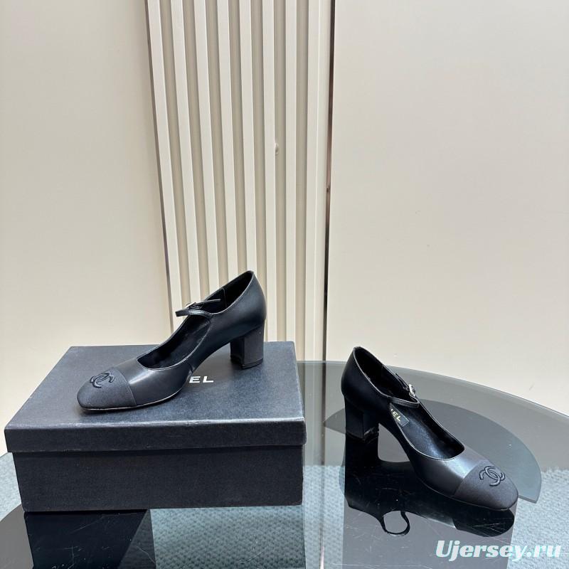 2025 Women Chanel Black Leather Mary Jane Shoes KFY00290