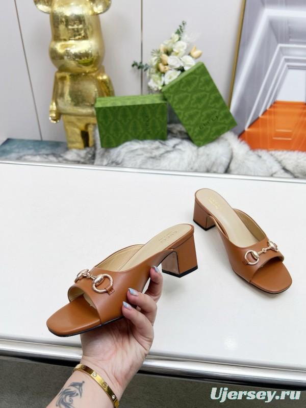 2025 Women Gucci Brown Leather Mules Classic Buckle MJ00180/215