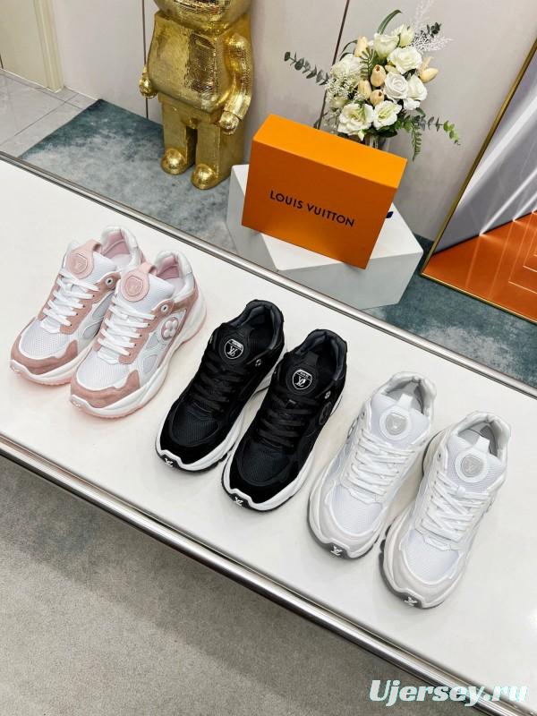 2025 Women Louis Vuitton White Pink Suede Mesh Sneakers LY00340