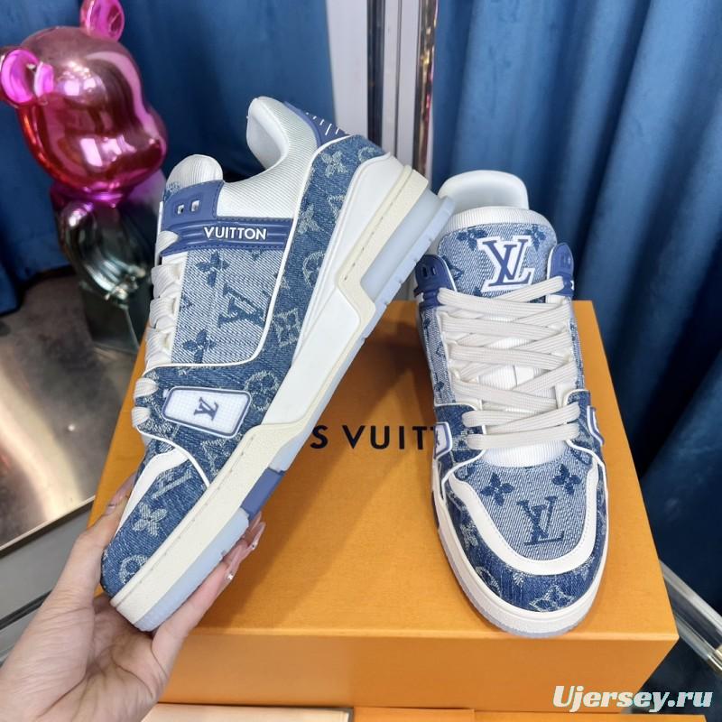 2025 Men Louis Vuitton Blue White Denim Leather LV Trainer