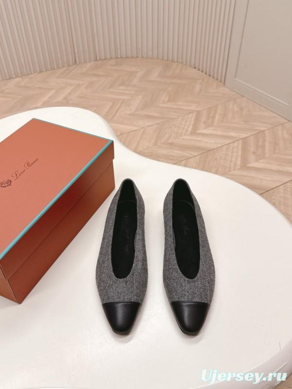 2025 Women LP Grey Black Fabric Leather Pointed Toe Loafers