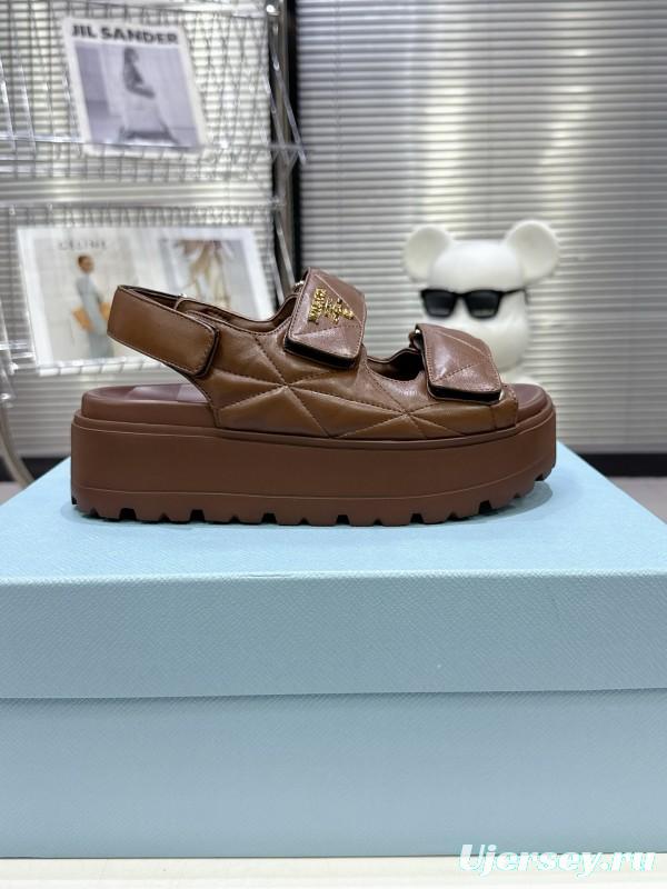 2025 Women Prada Brown Leather Sandals