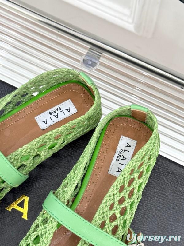 2025 Women AlAIA Green Leather Mesh Mary Jane