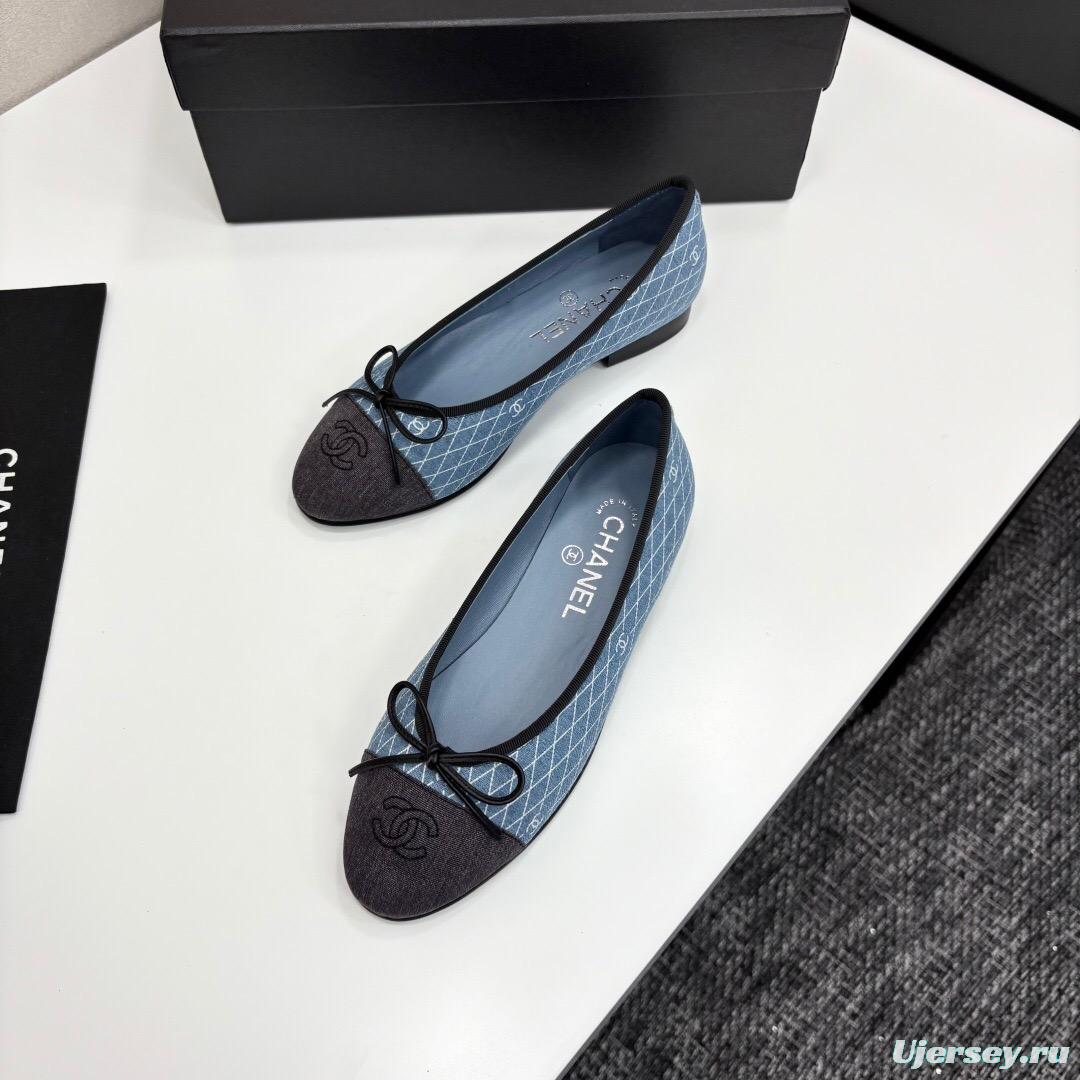 2025 Women Chanel Blue Black Fabric Leather Ballet Flats