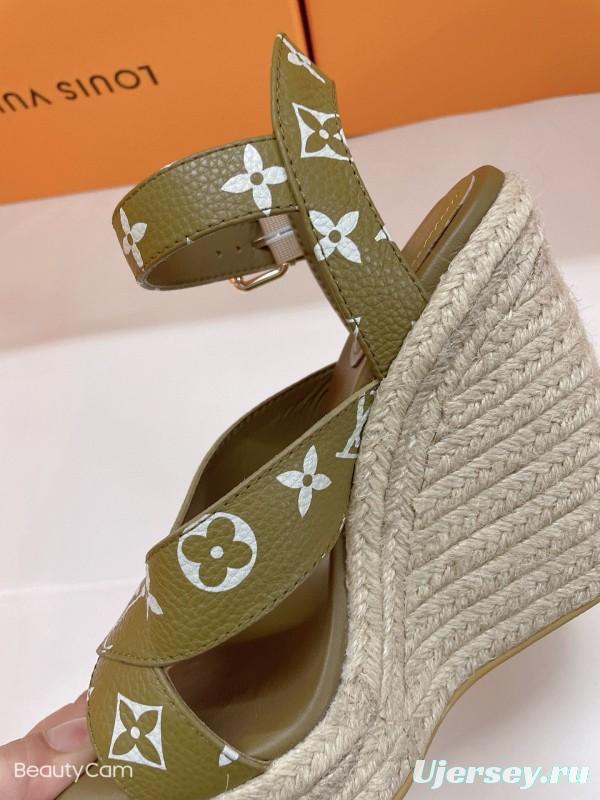 2025 Women Louis Vuitton Pink Beige Green Leather Denim Espadrilles Sandals MJ00280
