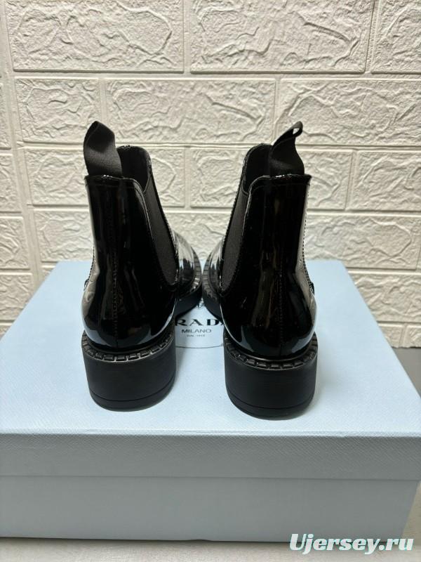2024 Unisex Prada Black Patent Calf Leather Cowhide Leather Ankle Boots MJ00380