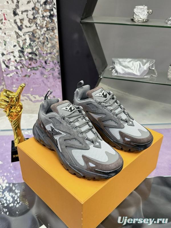 2025 Men Louis Vuitton Grey White Mesh Leather Sneakers MJ00420