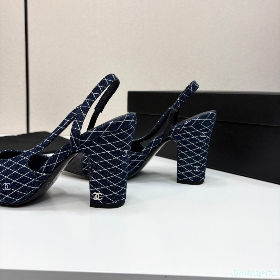 2025 Women Chanel Blue Denim Fabric Slingback Shoes