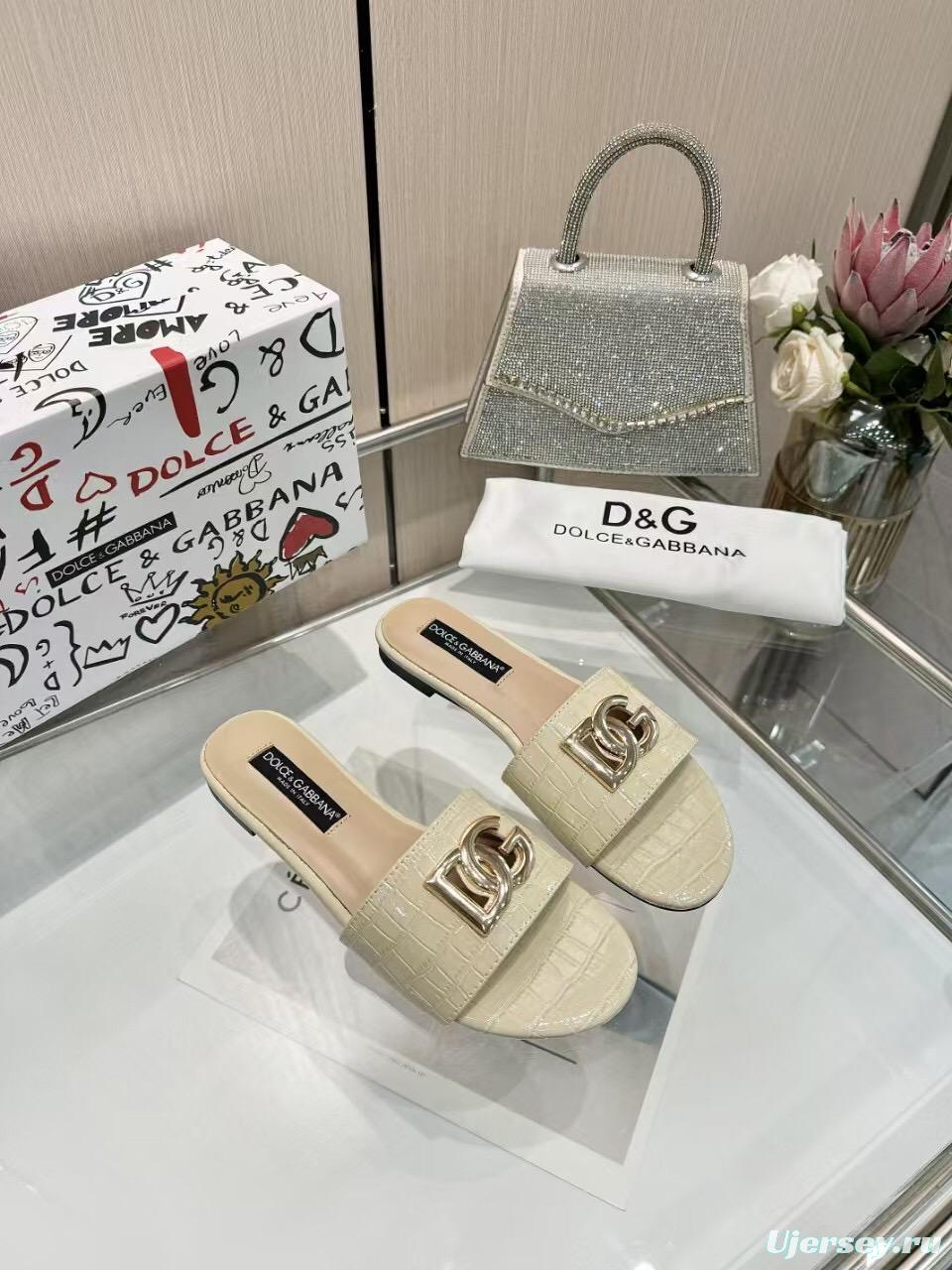 2025 Women Dolce & Gabbana Beige Leather Slippers
