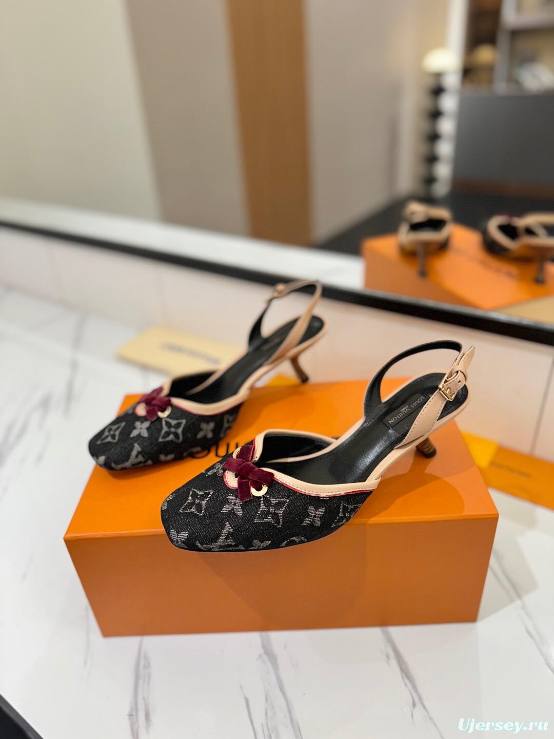 2025 Women LV Black Pink Denim Leather Slingback Heels KFY00310