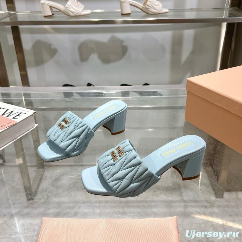 2025 Women Miumiu Light Blue Sheepskin Heeled Sandals