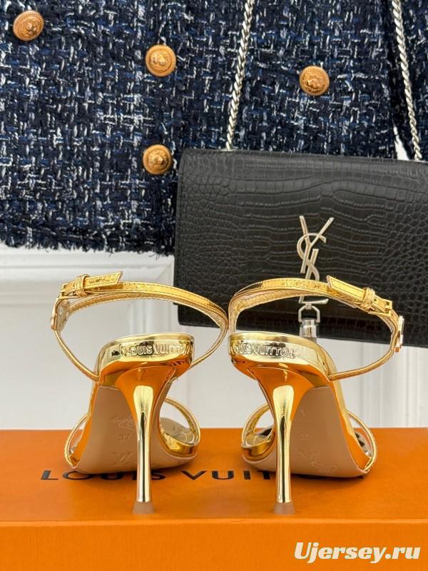 2025 Women Louis Vuitton Gold Leather Sandals