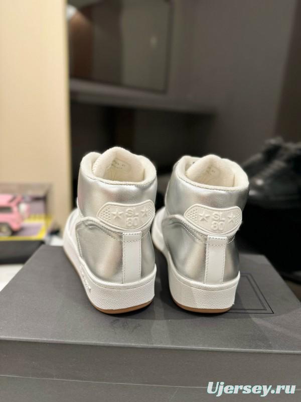 2024 Unisex Yves Saint Laurent White Silver Leather High Top Sneakers MJ00390