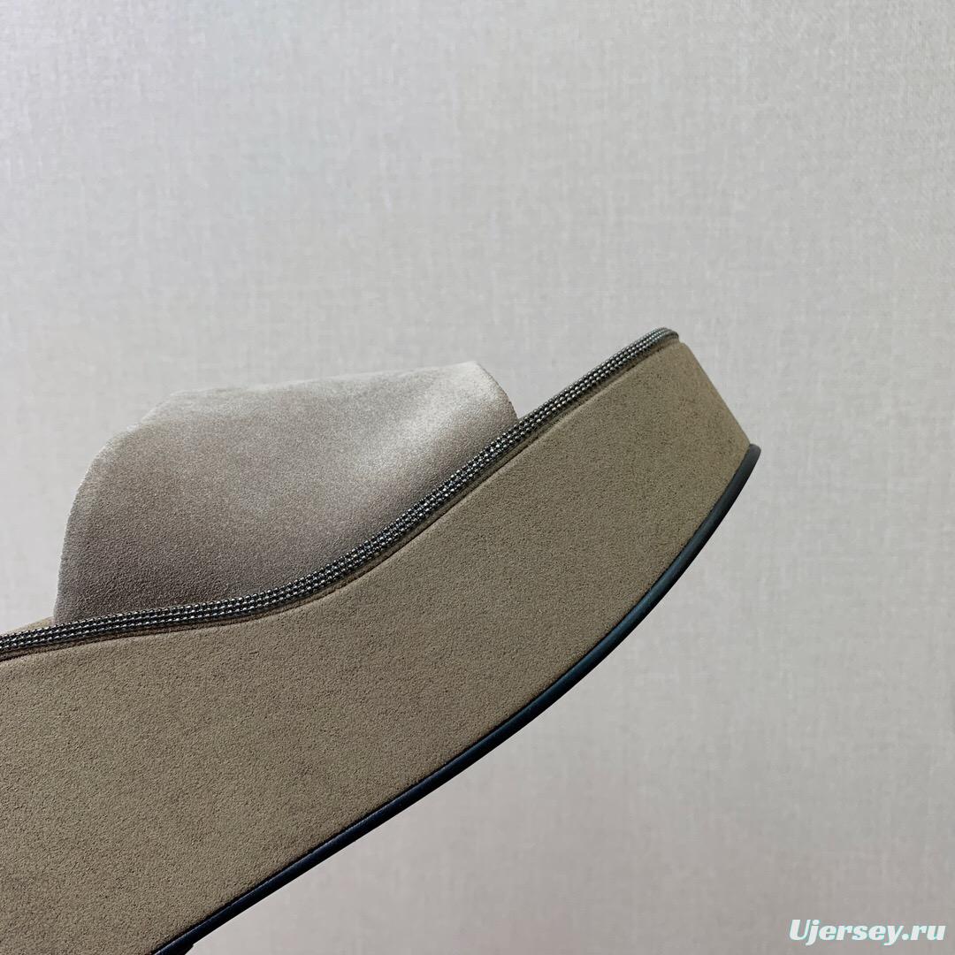 2025 Women BRUNELLO CUCINELLI Beige Suede Platform Slide Sandals Casual Handmade KFY00275 (F)
