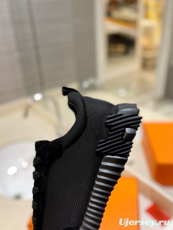 2024 Unisex Hermès Black Imported Glossy Goat Suede Rainproof Fabric Casual Sneakers MJ00320