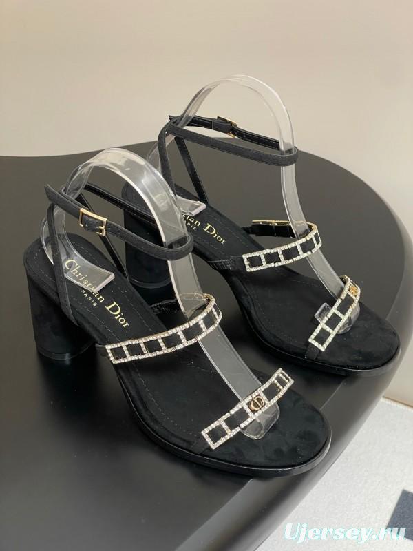 2025 Women Dior Black Suede Crystal Embellished Strap Sandals