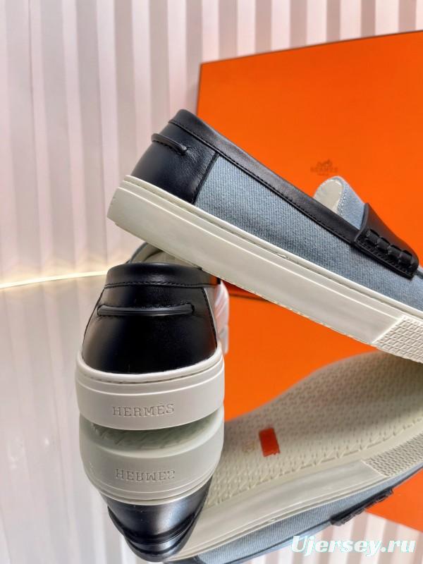 2025 Women Hermès Blue Black Leather Denim Loafers LY00310