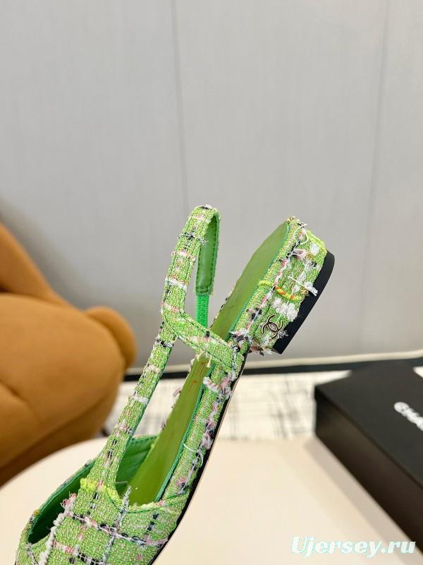 2025 Women Chanel Green Black Tweed Leather Slingback Flats LY00240