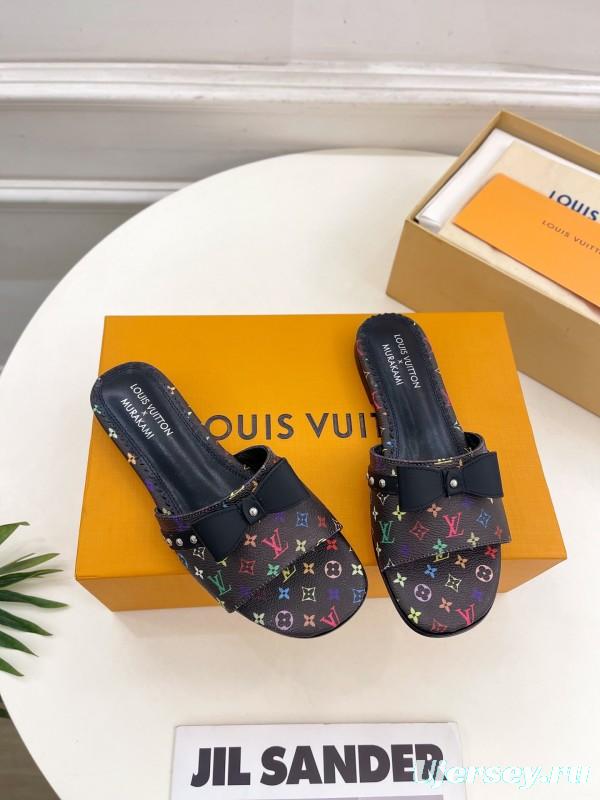 2025 Slippers Louis Vuitton Black Multicolor Monogram Leather Bow KFY00290