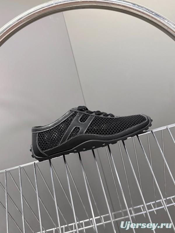 2025 Women Hermès Black Mesh Leather Trainers KFY00250