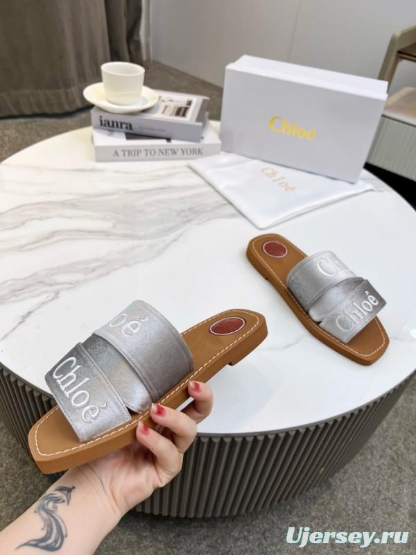 2025 Women Chloé Silver Leather Slippers LY00200