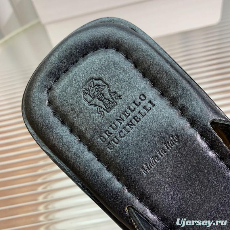 2025 Women Brunello Cucinelli Black Leather Flat Slides With Handwoven Beaded Straps KFY00300 (F)