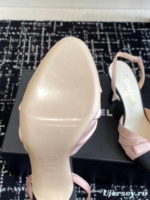 2025 Women Chanel Pink Black Satin Leather Slingback Heels KFY00289