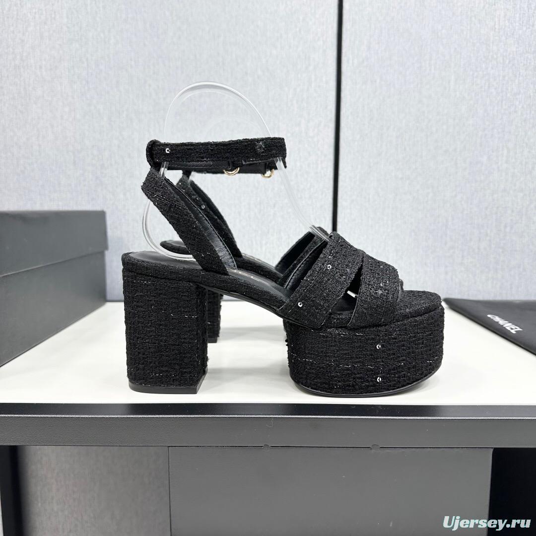 2025 Women Chanel Black Fabric Platform Sandals KFY00310