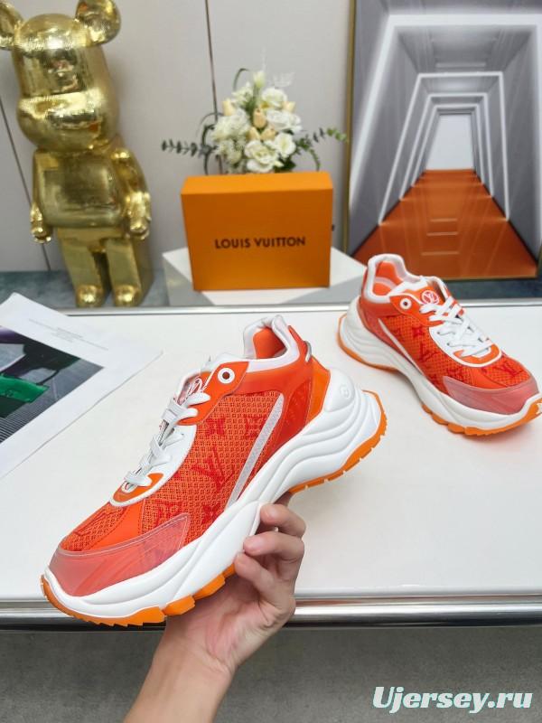 2025 Unisex Louis Vuitton Orange White Mesh Leather Sneakers LY00340(F)/LY00341(M)