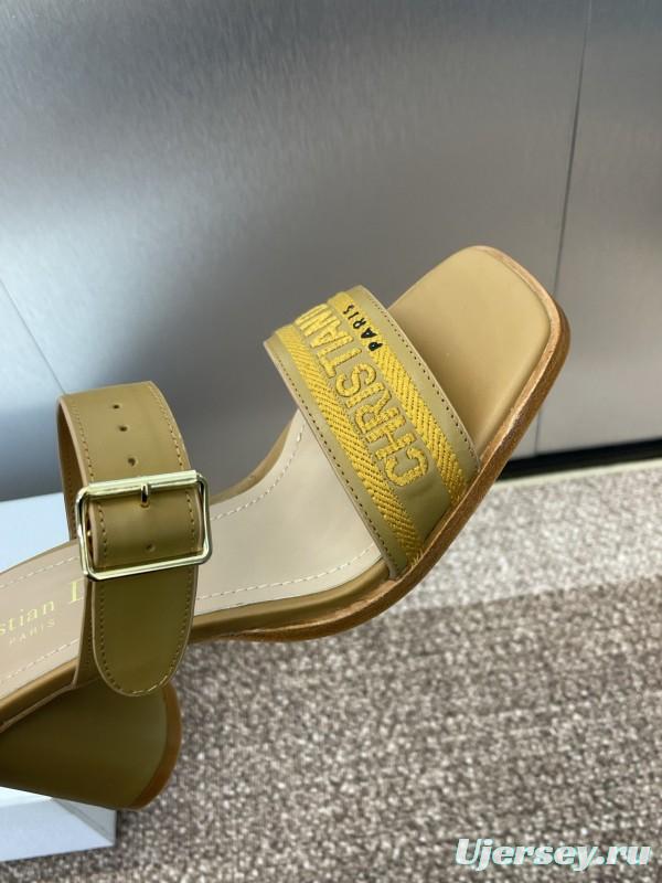 2025 Women Dior Yellow Leather Sandals Christian Dior Logo