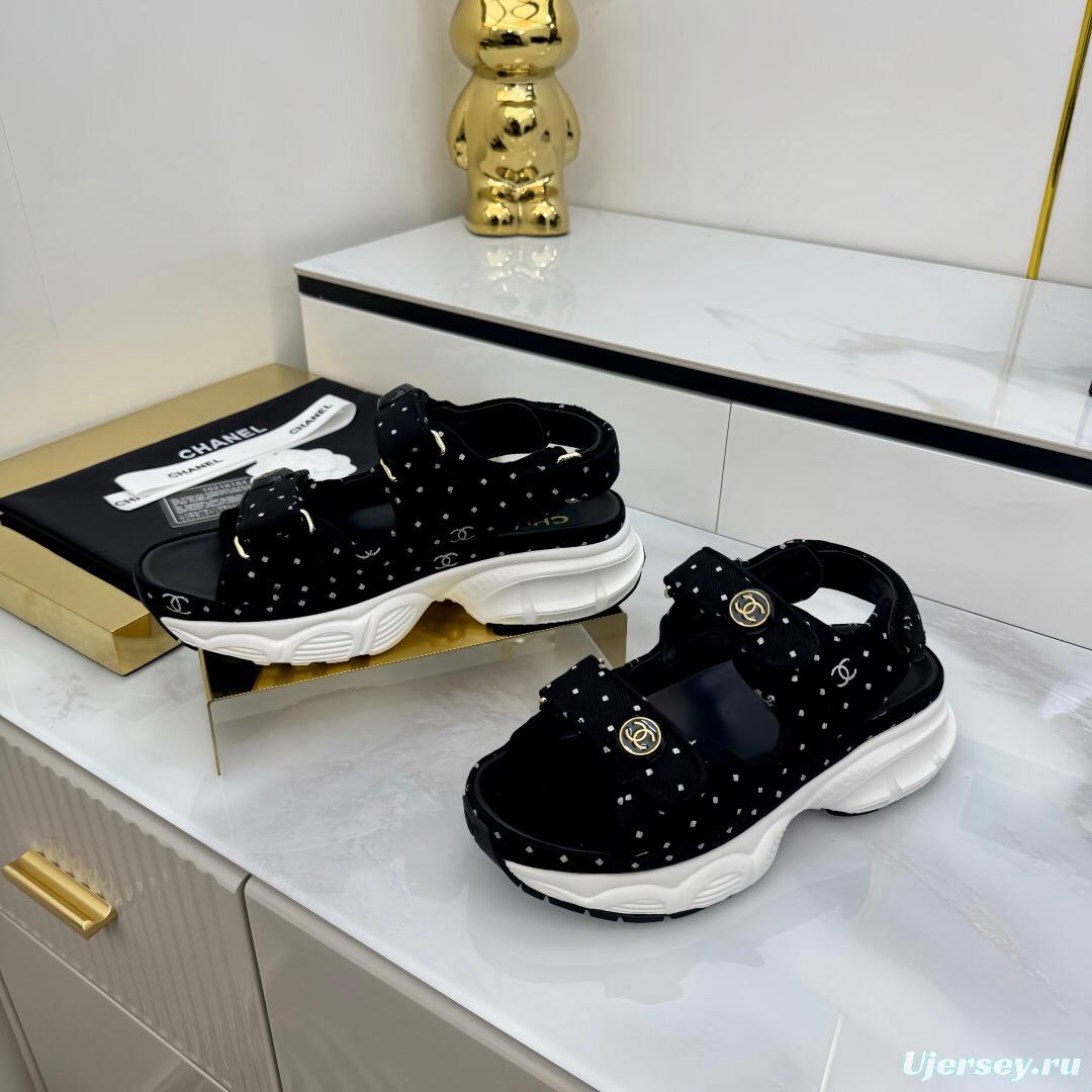 2025 Womens Chanel Black Velvet Sandals Logo Platform LY00330