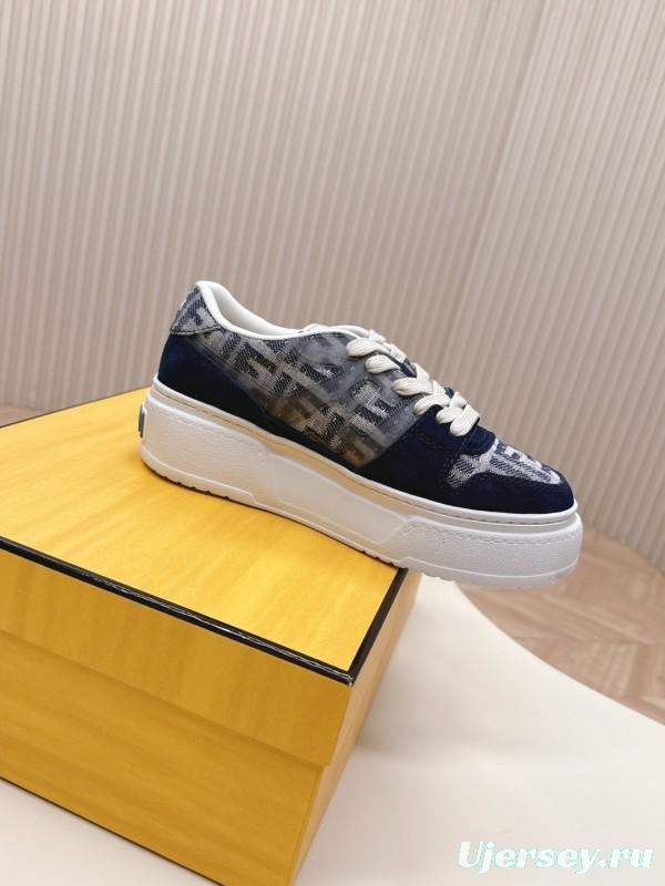 2025 Women Fendi Navy Grey Leather Canvas Sneakers LY00340