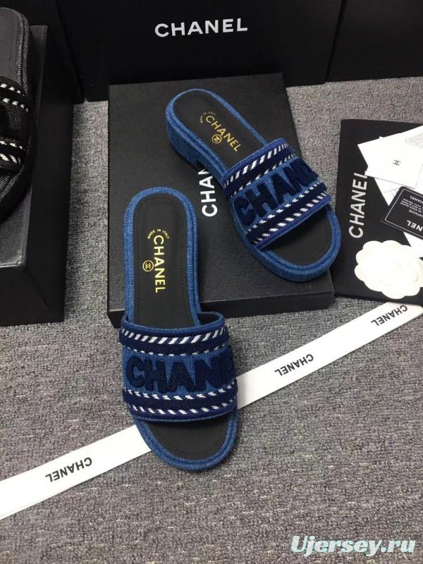 2025 Slippers Chanel Blue Fabric Slippers LY00270