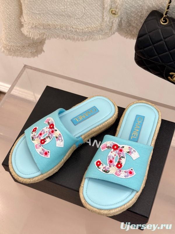 2025 Slippers Chanel Light Blue Fabric Women Embroidered Floral CC Logo KFY00230