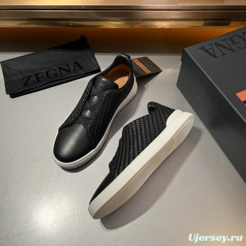 2024 Men Ermenegildo Zegna Black Smooth Calfskin Pelletessuta Sneakers Elastic Detail MJ00280