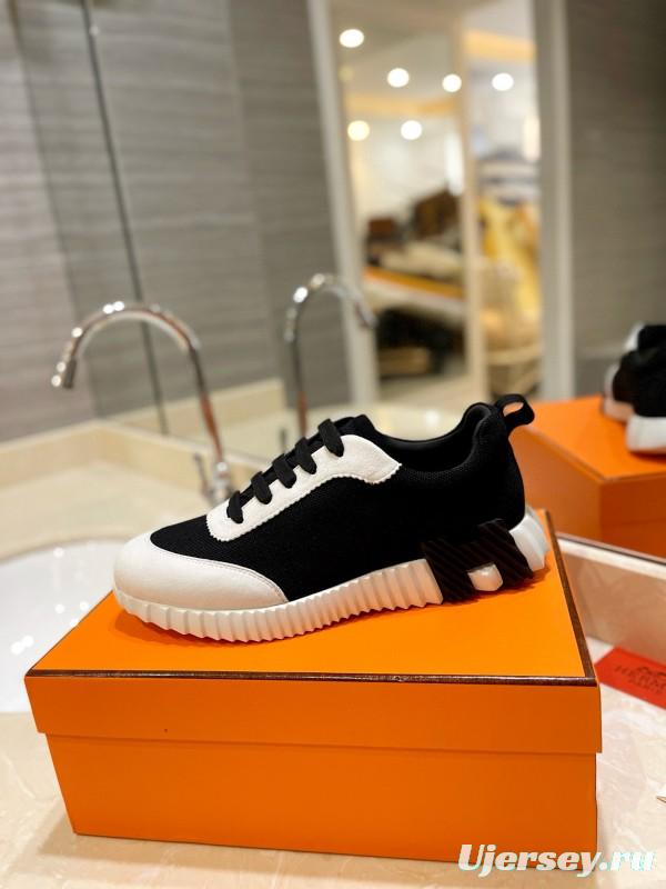 2024 Unisex Hermès Black White Knitted Leather Sneakers