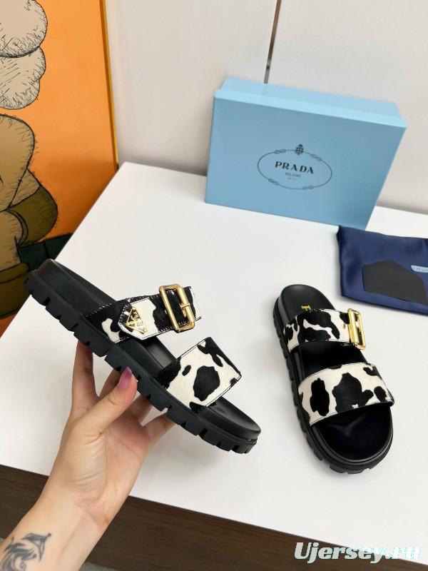 2025 Women Prada Black White Calf Hair Leather Sandals LY00260
