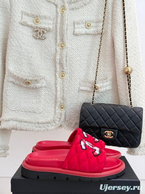 2025 Slippers Chanel Red Quilted Sequins Slide KFY00261