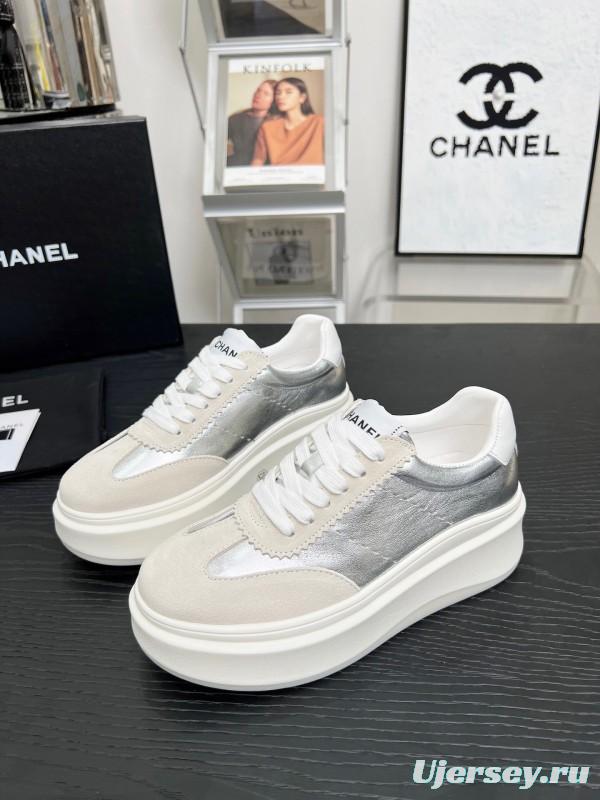 2025 Women Chanel White Silver Leather Suede Sneakers