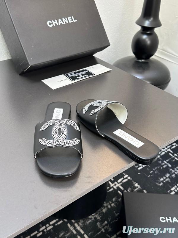 2025 Women Chanel Black Leather Rhinestone Logo Slide Sandals LY00360(F)