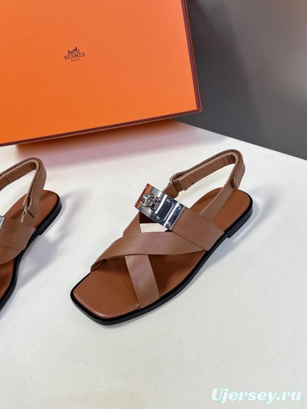 2025 Women Hermès Brown White Calfskin Leather Sandals Metal Hardware KFY00300