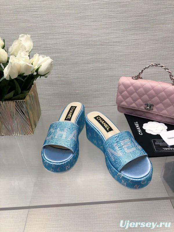 2025 Women Chanel Blue Fabric Platform Slippers LY00320