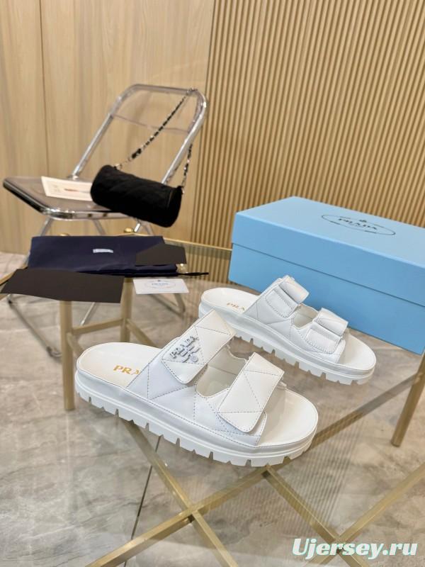 2025 Women Prada White Leather Slippers LY00270