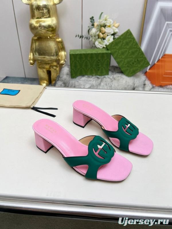 2025 Women Gucci Pink Green Leather Slippers