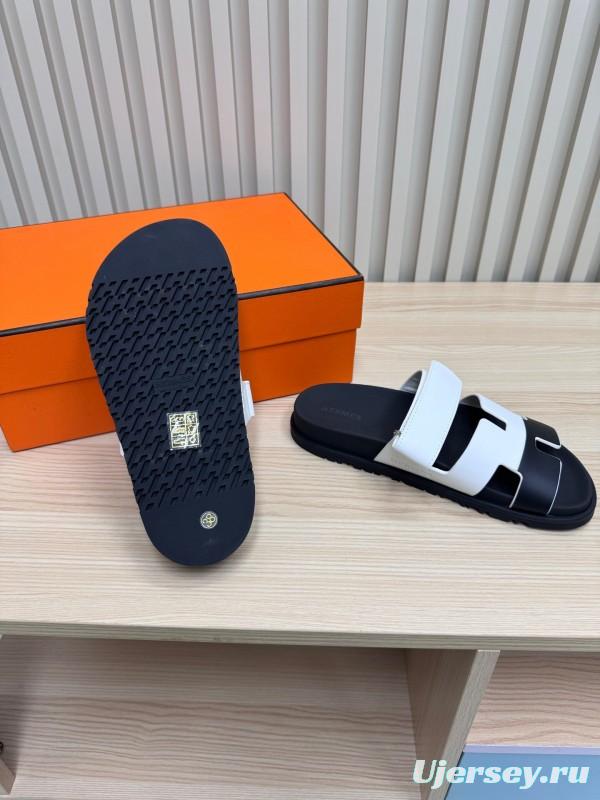 2025 Slippers Hermès White Black Leather Slippers